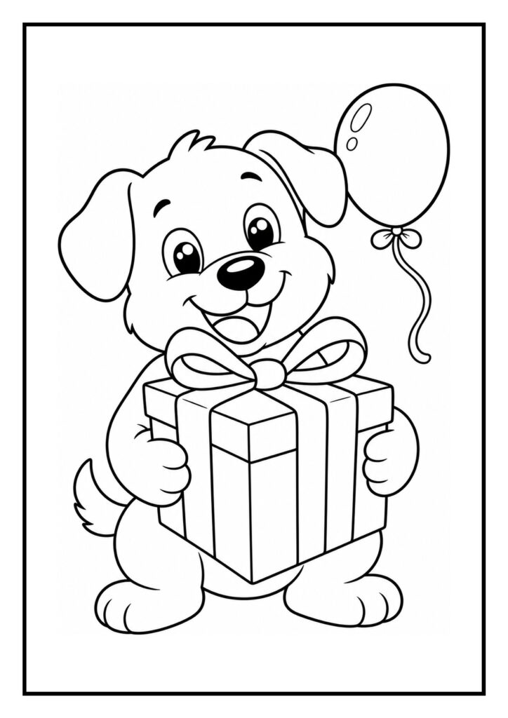 Leuke kleurplaat van een schattige hond die een cadeau en een ballon vasthoudt op een feestelijke achtergrond.
