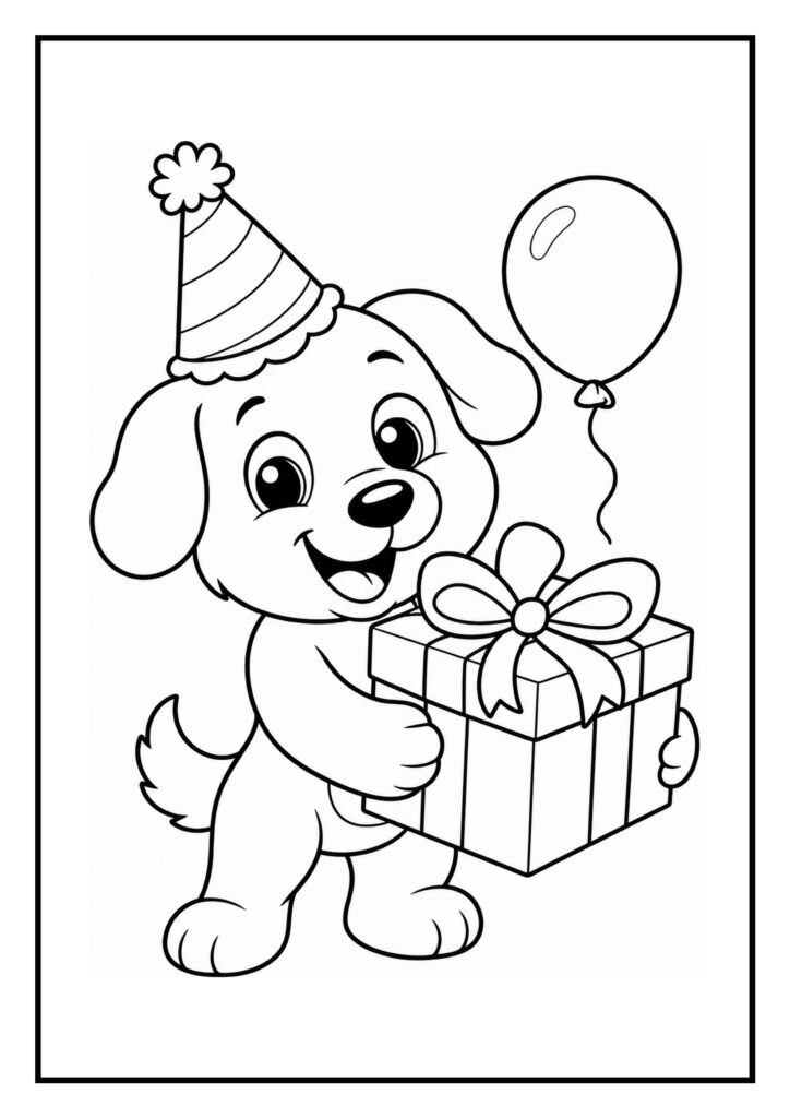 Kleurplaat van een schattige hond met een verjaardagshoedje die een cadeau en een ballon vasthoudt.