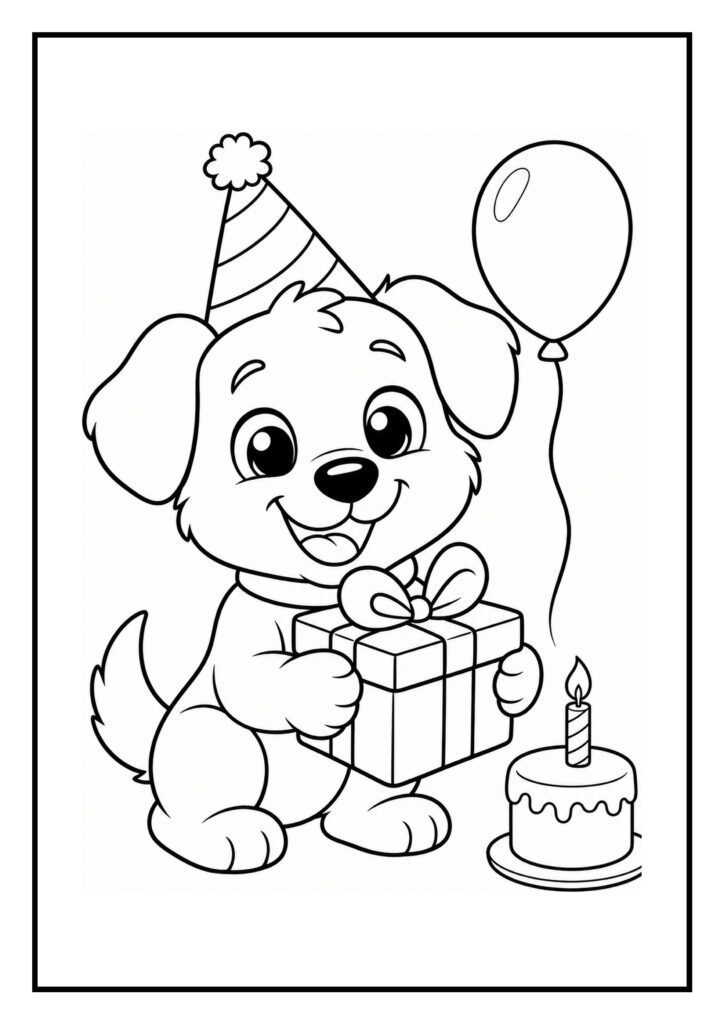 Kleurplaat van een schattige puppy met feesthoed, cadeau, ballon en verjaardagstaart met kaars