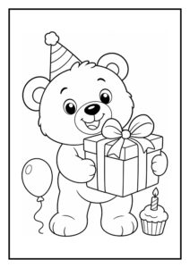 Schattige kleurplaat van een beer met een feestmuts die een cadeau vasthoudt, met ballon en cupcake met kaars.