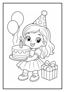 Kleurplaat van een meisje met een verjaardagstaart, ballonnen en cadeau op een feestelijke achtergrond