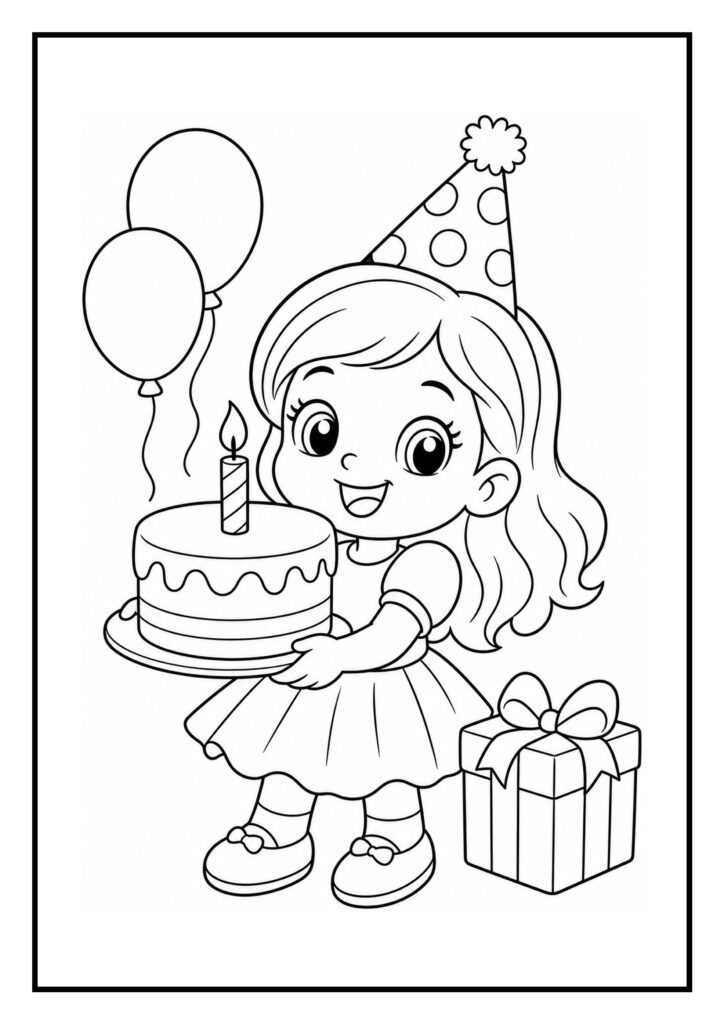 Kleurplaat van een meisje met een verjaardagstaart, ballonnen en cadeau op een feestelijke achtergrond