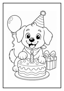 Kleurplaat van een vrolijke hond met een verjaardagstaart, feesthoed, ballon en cadeau.