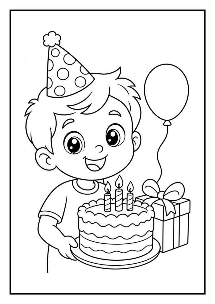 Kleurplaat van een jongetje met feesthoedje dat een verjaardagstaart met drie kaarsjes vasthoudt, met een ballon en cadeau op de achtergrond.