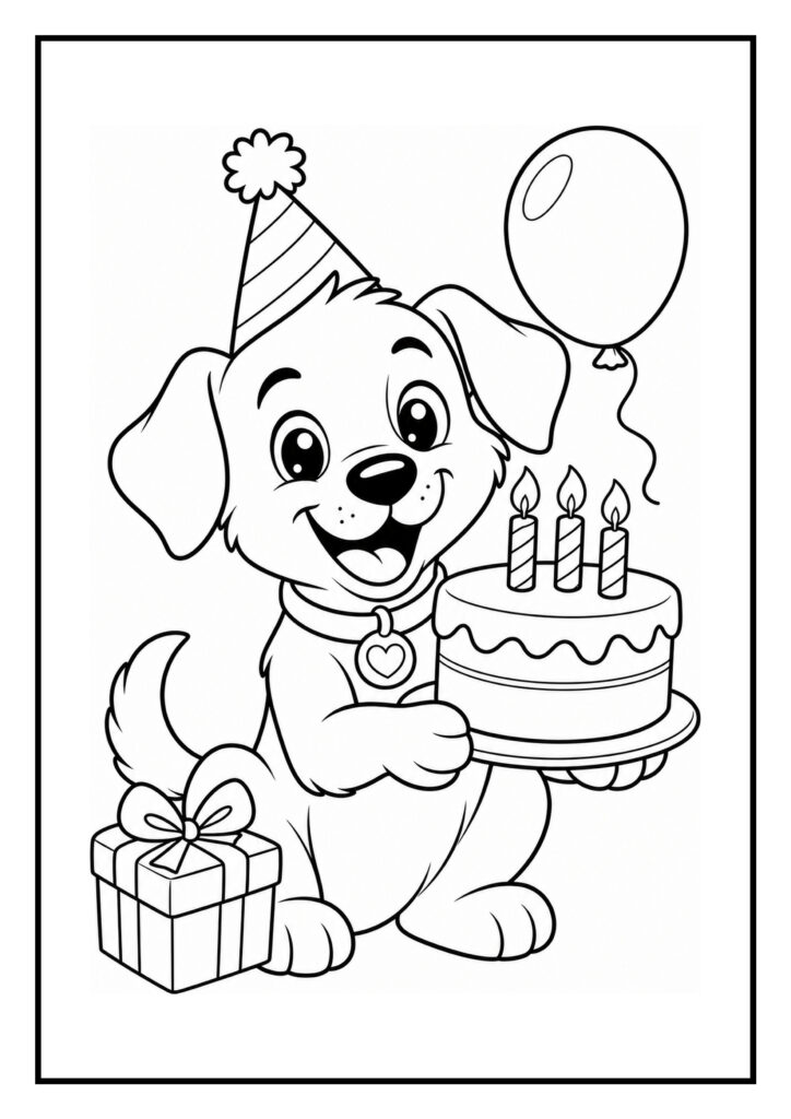 Schattige hond met feestmuts die een verjaardagstaart vasthoudt, naast een cadeau en ballon