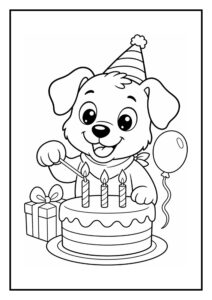 Schattige hond met feestmuts steekt drie kaarsjes aan op een verjaardagstaart met cadeau en ballon ernaast