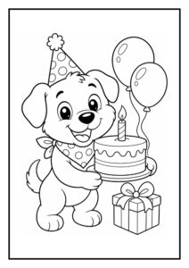 Leuke kleurplaat van een schattig hondje met verjaardagsmuts dat een taart met kaars vasthoudt, met twee ballonnen en een cadeau erbij.