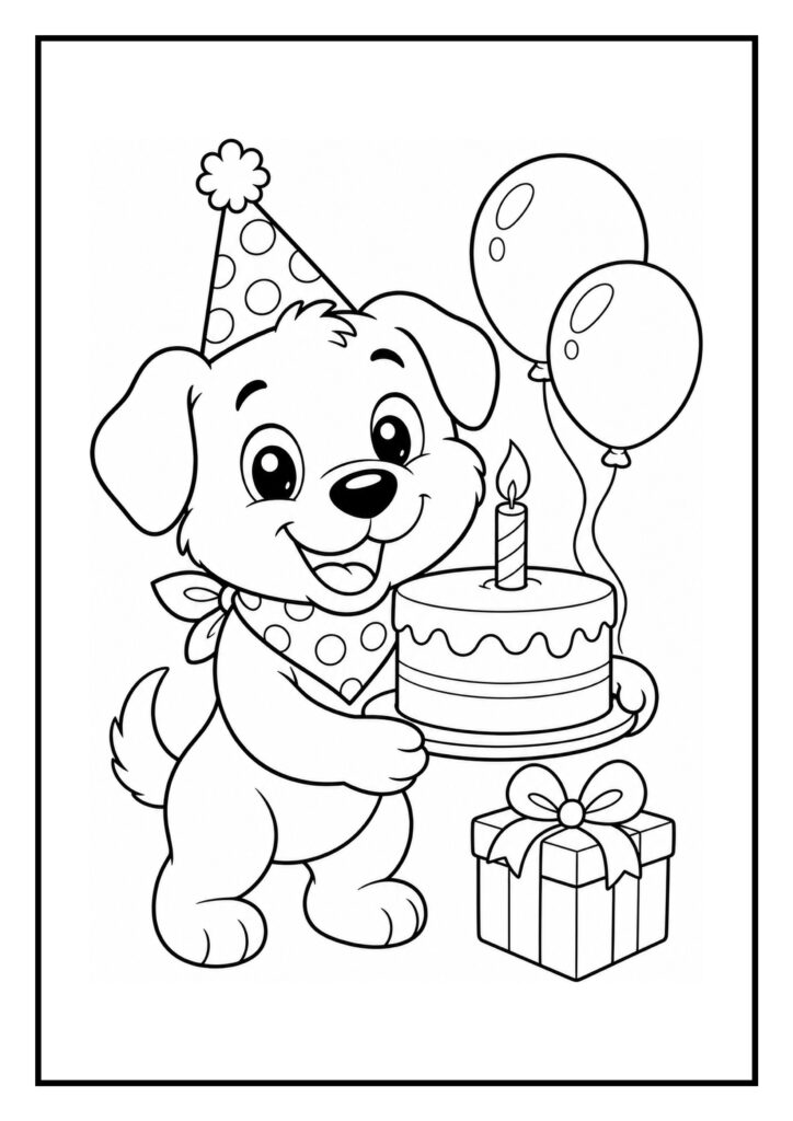 Leuke kleurplaat van een schattig hondje met verjaardagsmuts dat een taart met kaars vasthoudt, met twee ballonnen en een cadeau erbij.