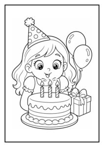 Kleurplaat van een meisje met een feesthoedje dat klaarstaat om de kaarsjes op haar verjaardagstaart uit te blazen, met ballonnen en een cadeau op de achtergrond.