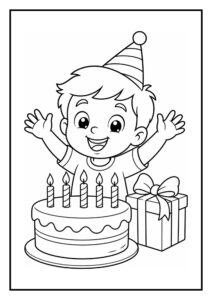 Kleurplaat van een blije jongen met een feestmuts die een verjaardagstaart en een cadeautje vasthoudt