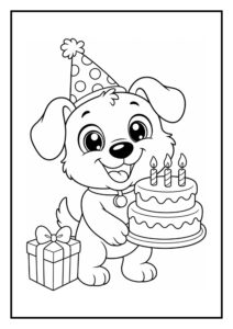 Schattige hond met feesthoedje die een verjaardagstaart met drie kaarsjes vasthoudt naast een cadeautje.