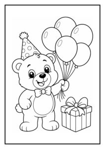 Kleurplaat van een vrolijke feestelijke beer met een feesthoedje, een strikje en vijf ballonnen in zijn hand naast een cadeau