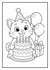 Kleurplaat van een schattige kat met een verjaardagsfeestmuts die een verjaardagstaart vasthoudt met vijf kaarsjes, twee ballonnen en een cadeau erbij.