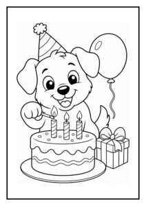 Kleurplaat van een schattige hond met een feesthoed die kaarsen op een verjaardagstaart aansteekt, met een ballon en een cadeau erbij.