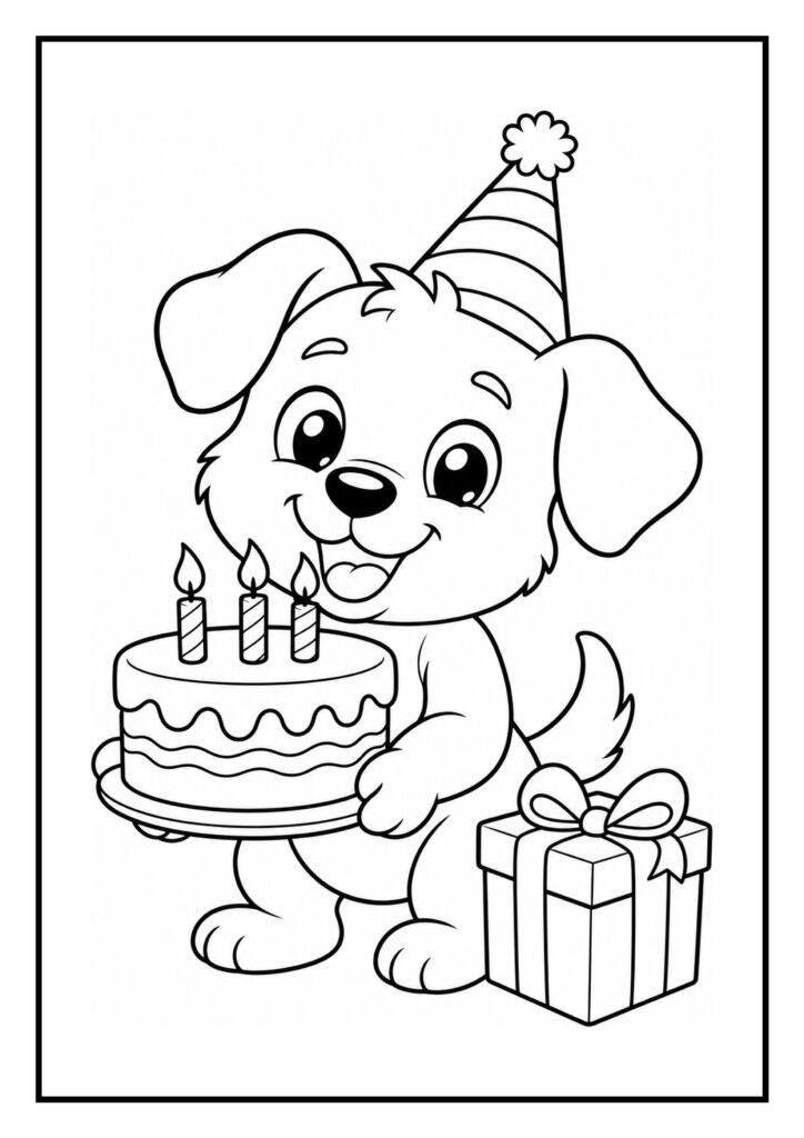 Schattige kleurplaat van een vrolijke hond met een feesthoed die een verjaardagstaart en een cadeau vasthoudt.