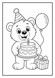 Kleurplaat van een vrolijke beer in een feestmuts die een verjaardagstaart vasthoudt met een ballon en een cadeautje erbij.