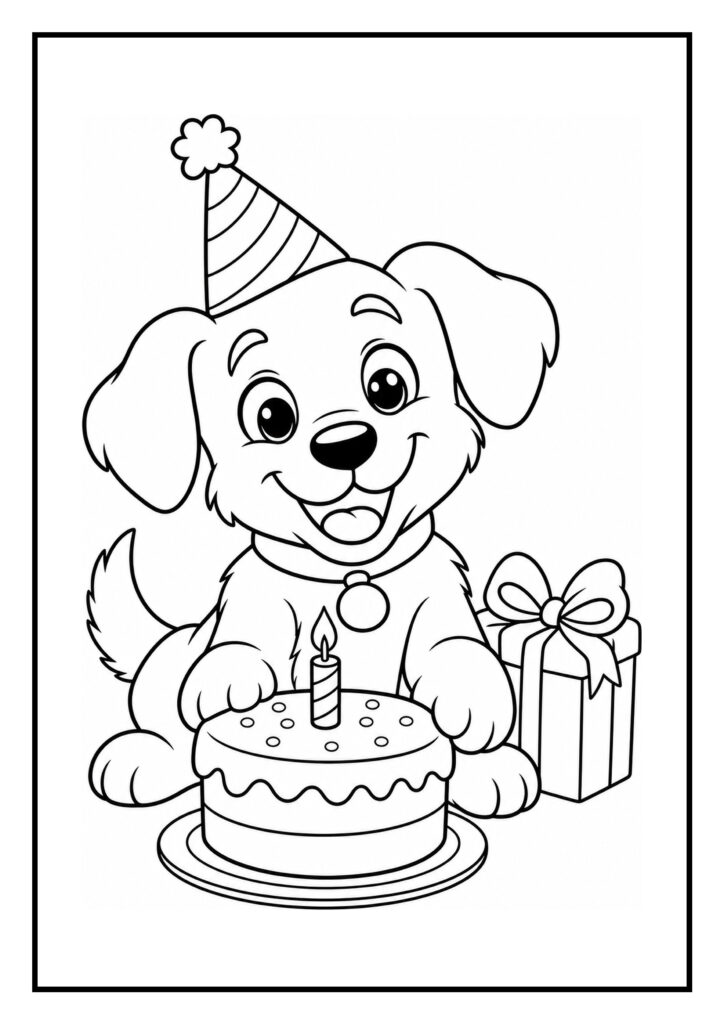 Schattige kleurplaat van een vrolijke hond met een verjaardagsmuts, een taart met kaars en een cadeau.
