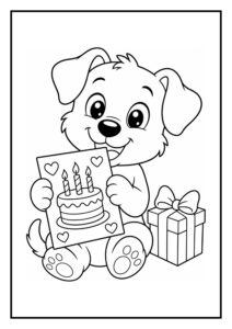 Schattige hond kleurplaat voor kinderen met een vrolijke hond die een kaart met een verjaardagstaart vasthoudt naast een cadeau.