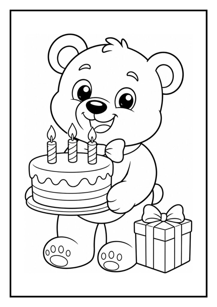 Kleurplaat van een schattige beer met een verjaardagstaart en een cadeau, geschikt voor jonge kinderen.