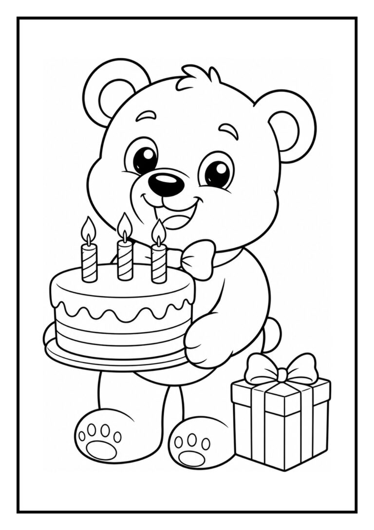 Kleurplaat van een schattige beer met een verjaardagstaart en een cadeau, geschikt voor jonge kinderen.
