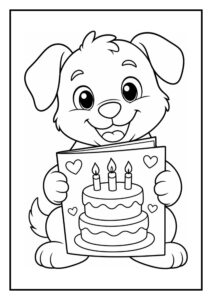 Kleurplaat van een blije puppy die een kaart vasthoudt met een afbeelding van een verjaardagstaart met drie kaarsjes.