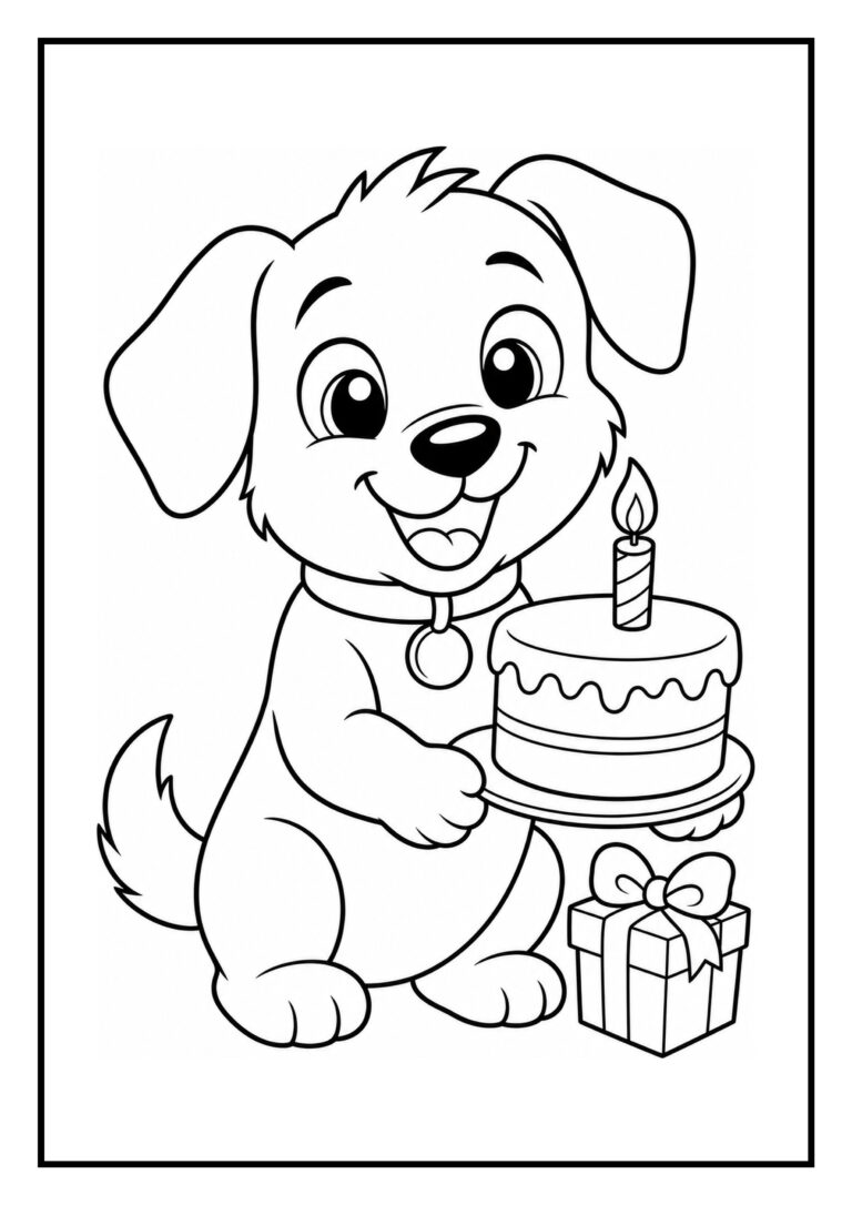Kleurplaat van een vrolijke schattige hond die een verjaardagstaart met een kaars vasthoudt en naast een cadeau zit.