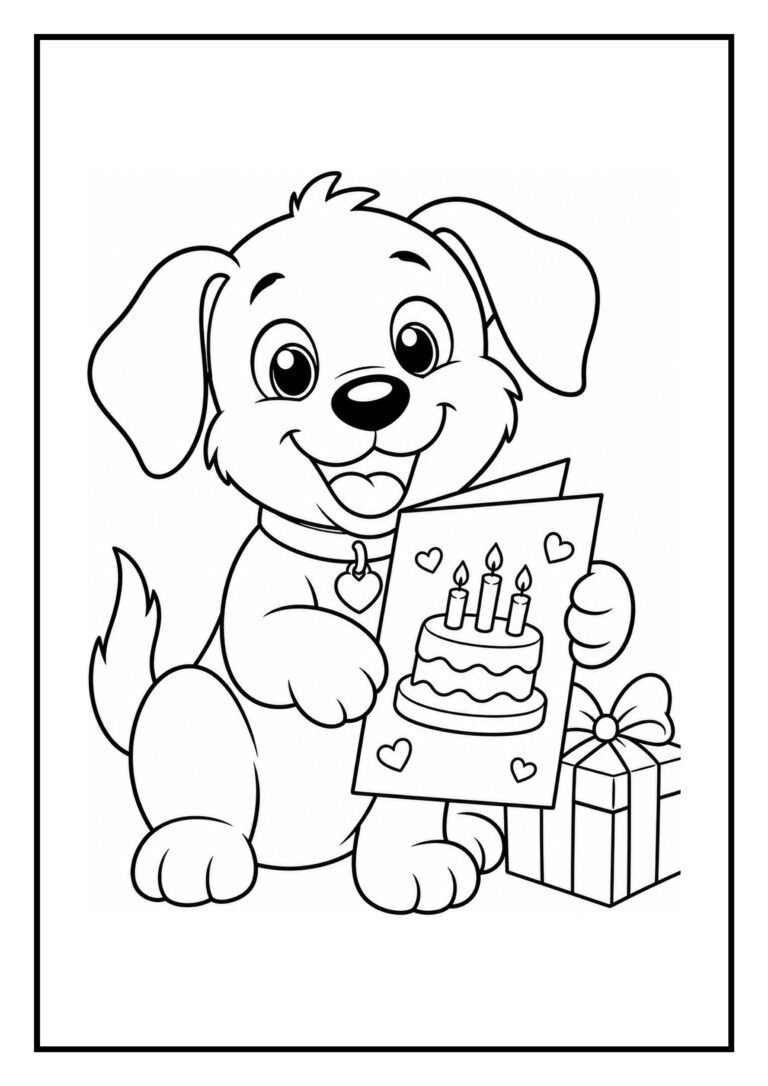 Kleurplaat van een vrolijke puppy die een verjaardagskaart vasthoudt met een taart en drie kaarsjes, naast een cadeau.