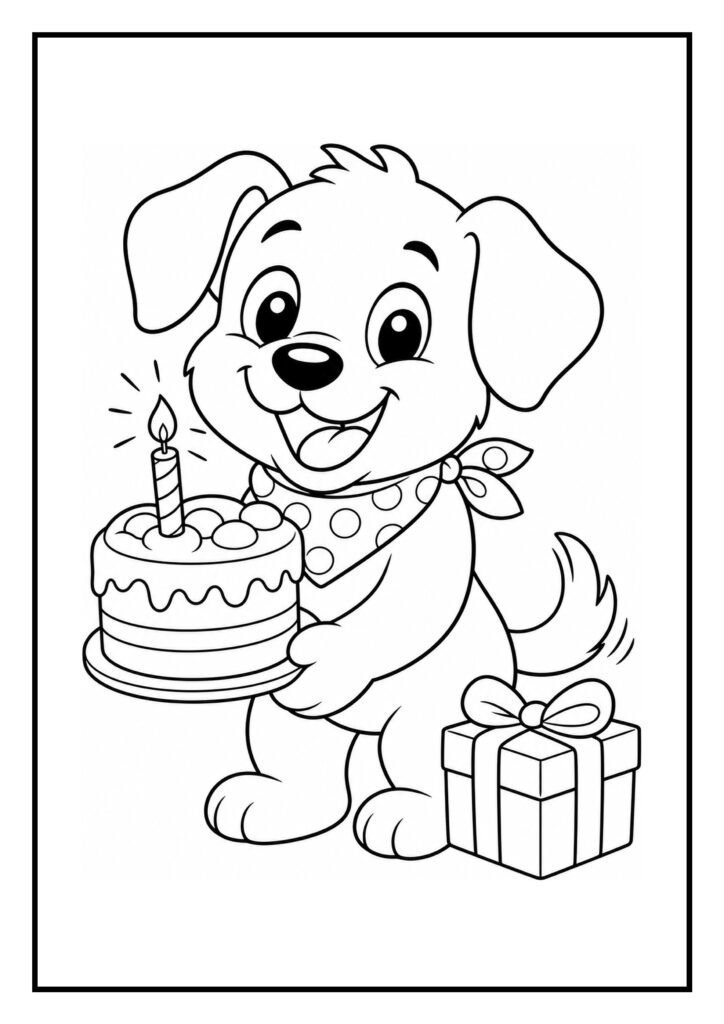 Kleurplaat van een vrolijke hond die een verjaardagstaart vasthoudt met een cadeau naast zich.