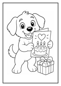 Kleurplaat van een schattige hond die een verjaardagskaart vasthoudt naast een taart met kaarsjes en een cadeautje