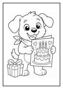 Kleurplaat van een schattige hond die een kaart met een verjaardagstaart en kaarsjes vasthoudt naast een cadeau.