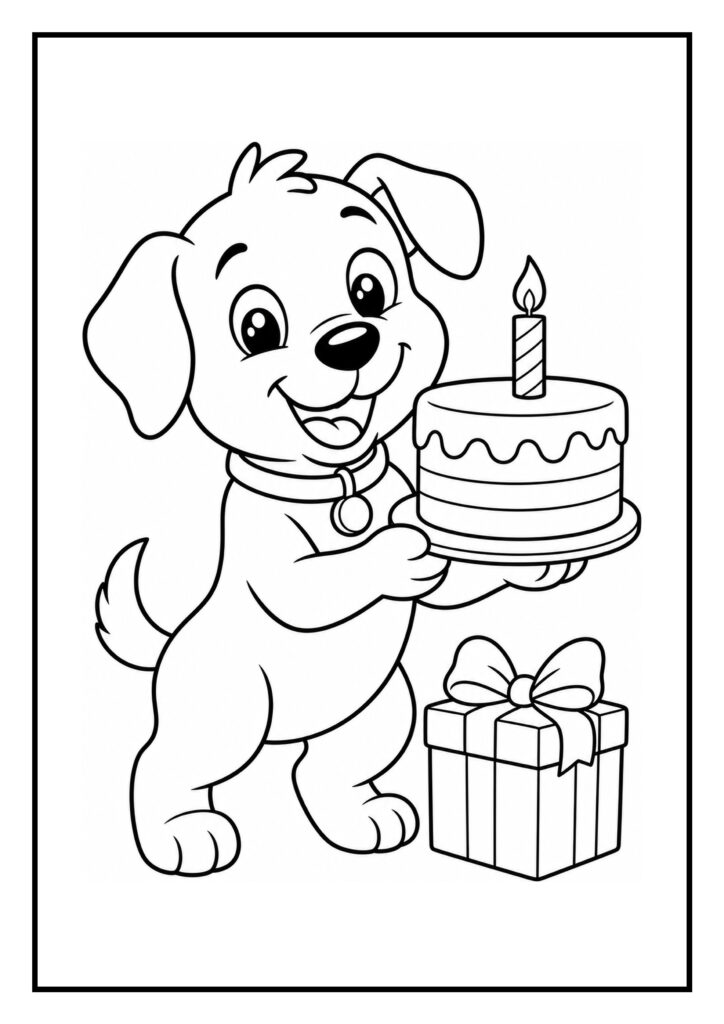 Leuke kleurplaat van een schattige hond die een verjaardagstaart vasthoudt met een cadeau ernaast.