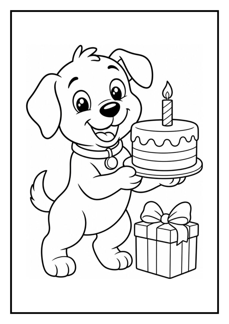 Leuke kleurplaat van een schattige hond die een verjaardagstaart vasthoudt met een cadeau ernaast.