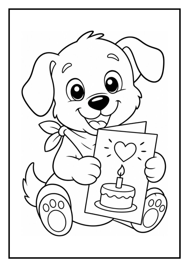 Kleurplaat van een schattige hond die een verjaardagskaart vasthoudt met een hart en een taart met kaars.