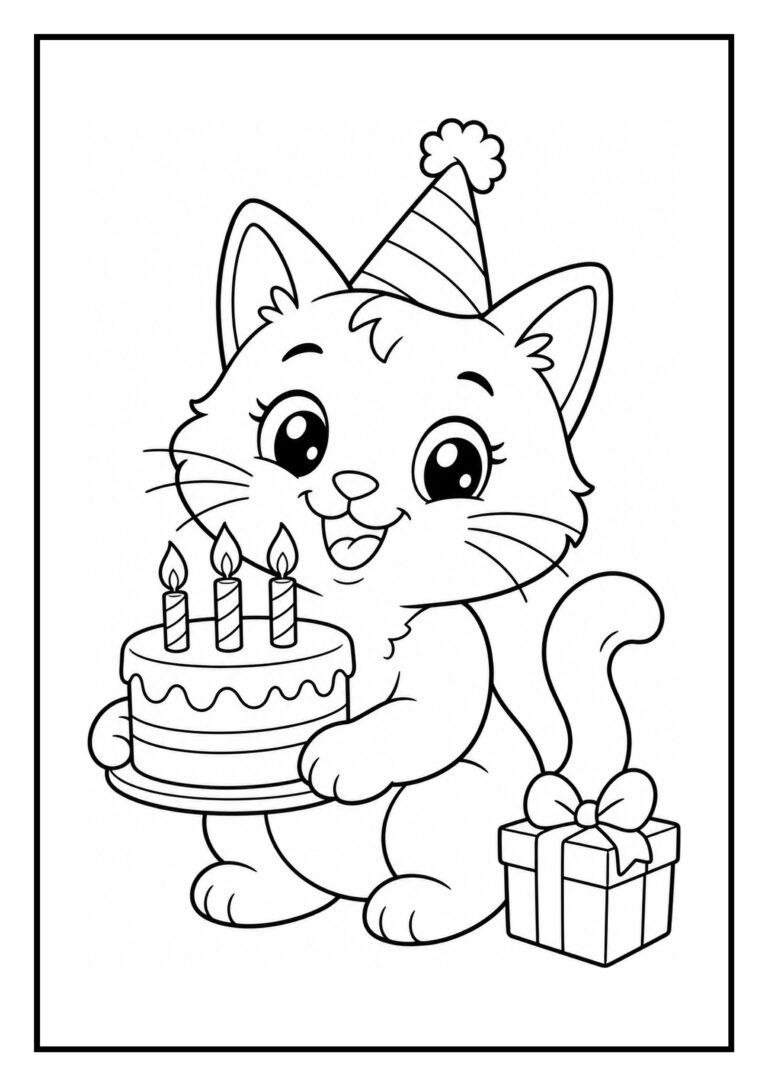 Leuke kleurplaat van een vrolijke kat met een verjaardagstaart en cadeau.