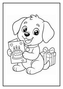 Schattige puppy die een verjaardagskaart vasthoudt met een verjaardagstaart en een cadeautje ernaast.