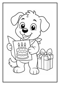 Schattige kleurplaat van een vrolijke hond die een verjaardagskaart vasthoudt met een taart erop en een cadeau naast zich.