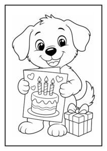 Schattige hond kleurplaat met een verjaardagskaart met taart en een cadeau ernaast.