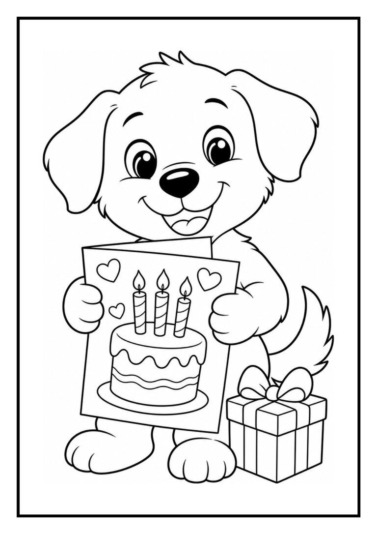 Schattige hond kleurplaat met een verjaardagskaart met taart en een cadeau ernaast.