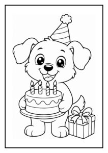 Kleurplaat van een schattige hond met een verjaardagstaart en een cadeau op een feestelijke achtergrond