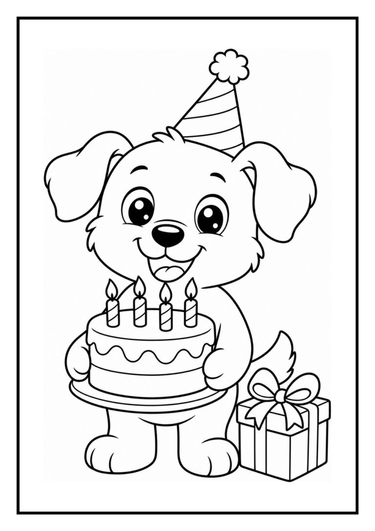 Kleurplaat van een schattige hond met een verjaardagstaart en een cadeau op een feestelijke achtergrond