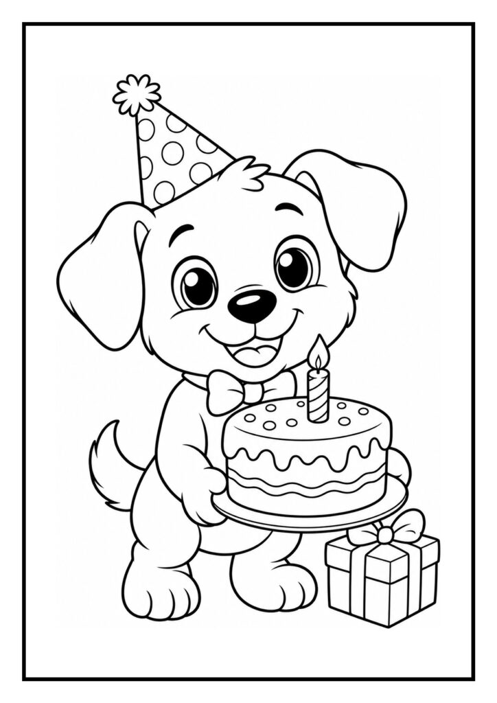 Kleurplaat van een vrolijke hond met een feesthoed die een verjaardagstaart vasthoudt en een cadeau naast zich heeft.