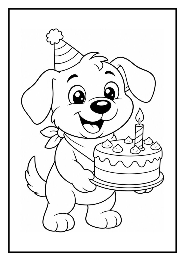 Een schattige hond kleurplaat met een feestmuts, die een verjaardagstaart vasthoudt met een brandende kaars.