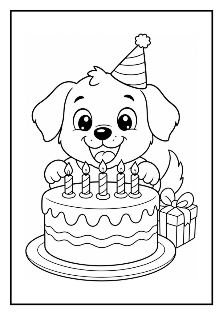 Schattige hond met een feesthoedje die blij naar een verjaardagstaart met vijf kaarsjes kijkt en een cadeau ernaast heeft.