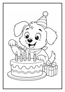 Hond met feestmuts die kaarsen aansteekt op verjaardagstaart met cadeau ernaast