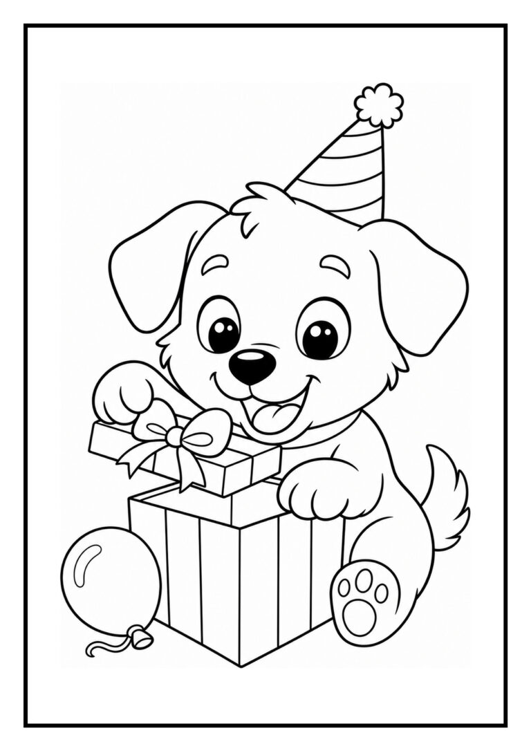 Kleurplaat van een schattige hond met een feestmuts die een cadeau opendoet en een ballon dichtbij heeft