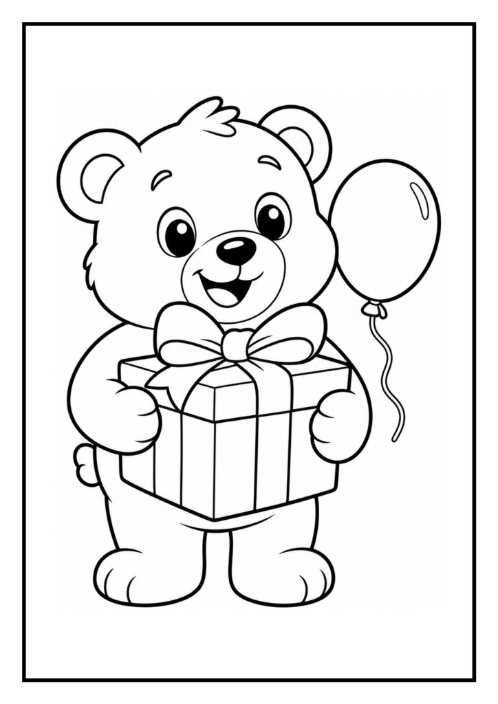 Kleurplaat van een schattige beer die een cadeau vasthoudt met een ballon ernaast.
