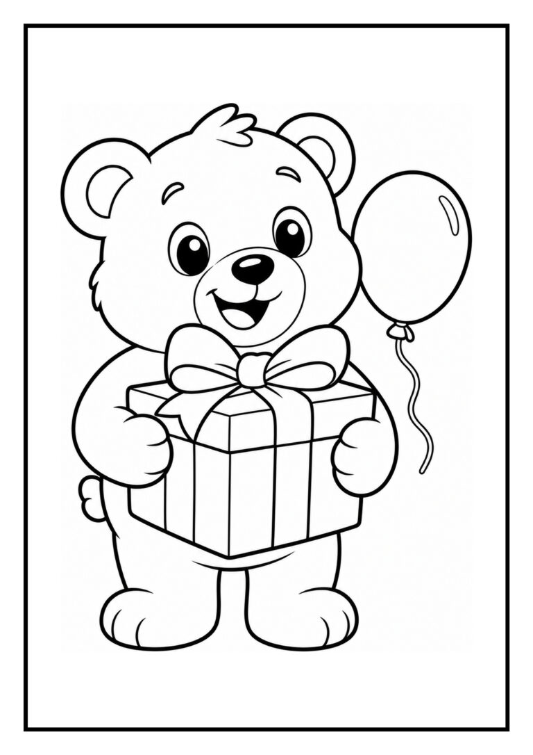Kleurplaat van een schattige beer die een cadeau vasthoudt met een ballon ernaast.