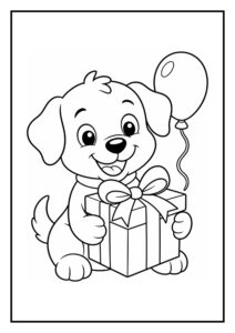 Kleurplaat van een vrolijke schattige hond die een cadeau en een ballon vasthoudt.
