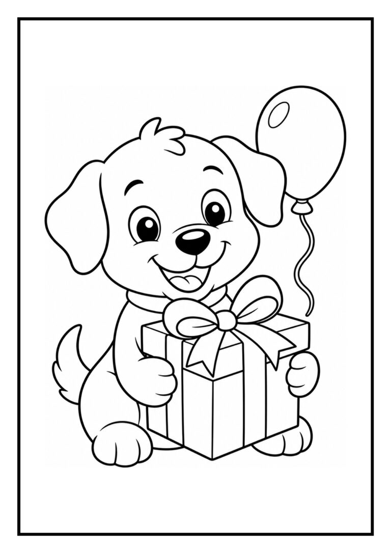 Kleurplaat van een vrolijke schattige hond die een cadeau en een ballon vasthoudt.