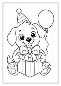 Kleurplaat van een schattig hondje met feestmuts dat een cadeau en een ballon vasthoudt